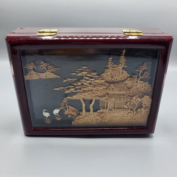 Vintage Chinese Hand Carved Cork Diorama Jewelry Box Red Lining Wood Box SEE - Picture 3 of 16